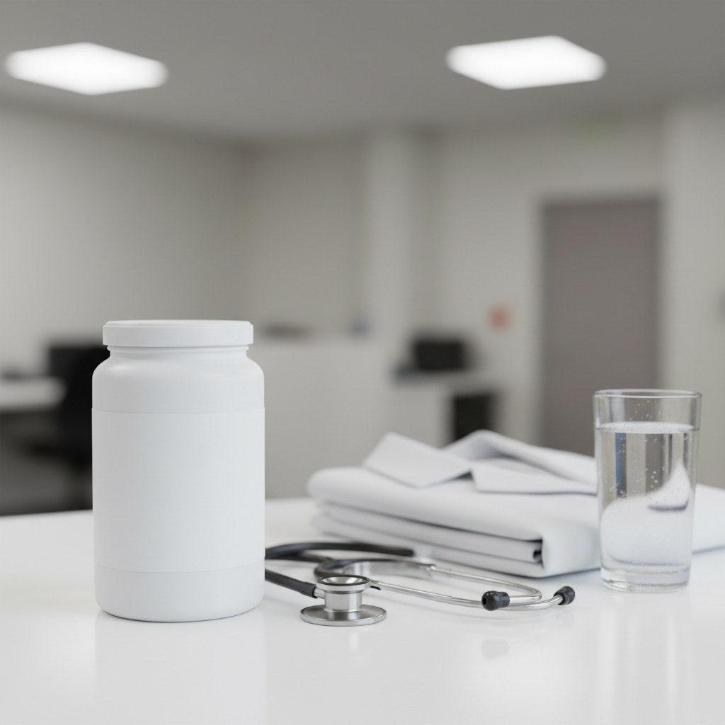 Practitioner's desk with Designs for Health Whole Body Collagen powder canister, stethoscope, folded white coat, and water glass